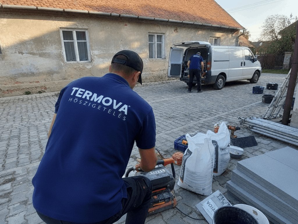 Csapat és eszközök a helyszínen, a cég furgonjával