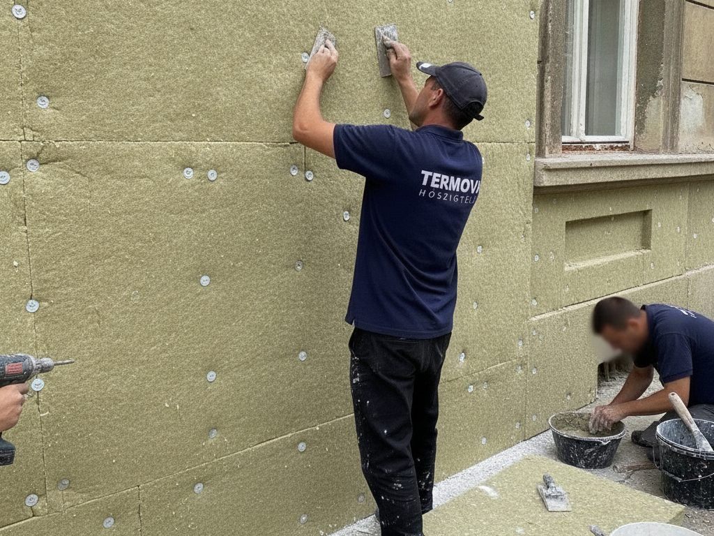 Kőzetgyapot hőszigetelés rögzítése egy régi ház homlokzatán