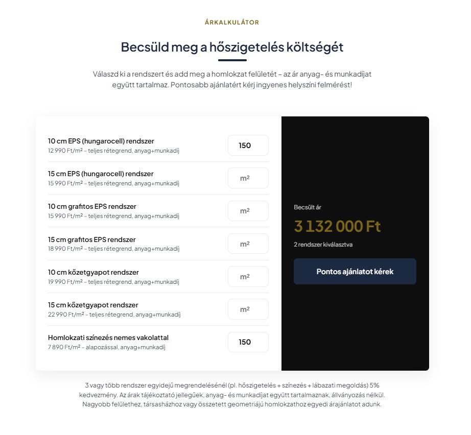 Beépített árkalkulátor egy élő ügyféloldalon: rendszerek, m² megadása, becsült ár és ajánlatkérő gomb