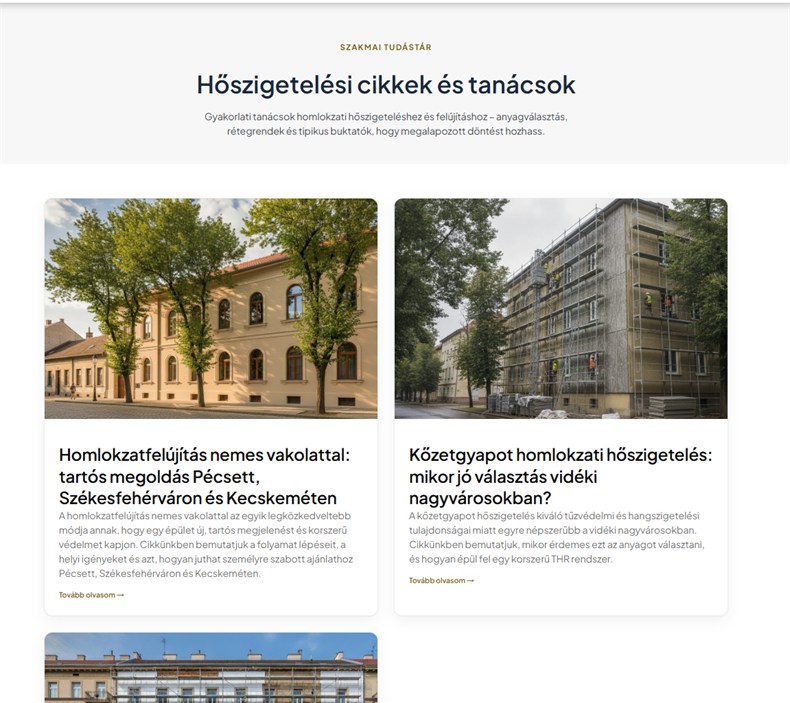 Hőszigetelési cikkek és tanácsok — a SEO-cikk-szekció egy élő ügyféloldalon