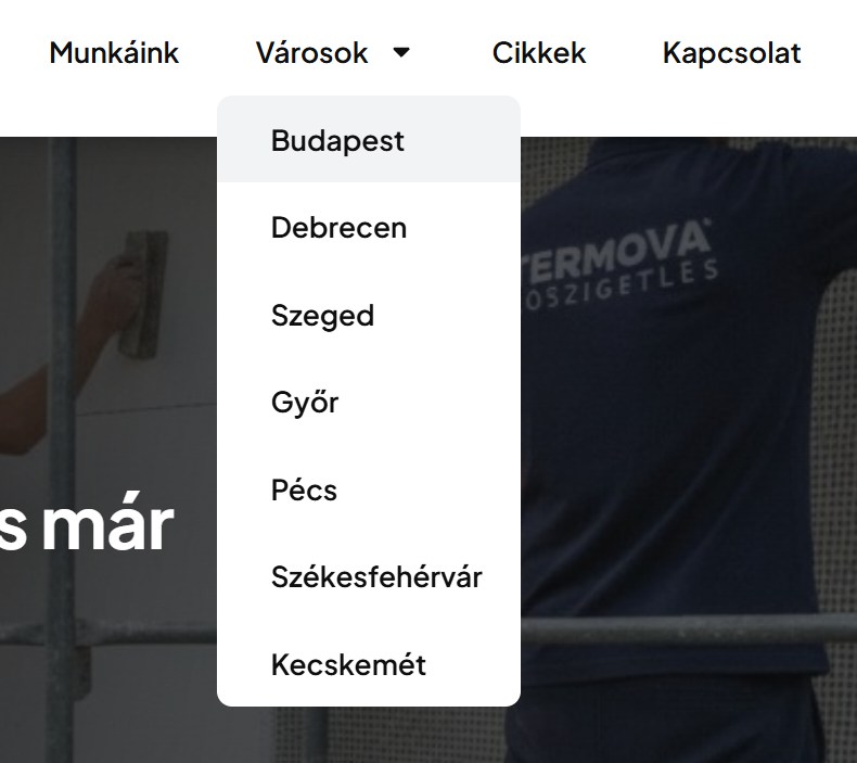 Városok legördülő menü — külön aloldal minden városra, ahol dolgozol